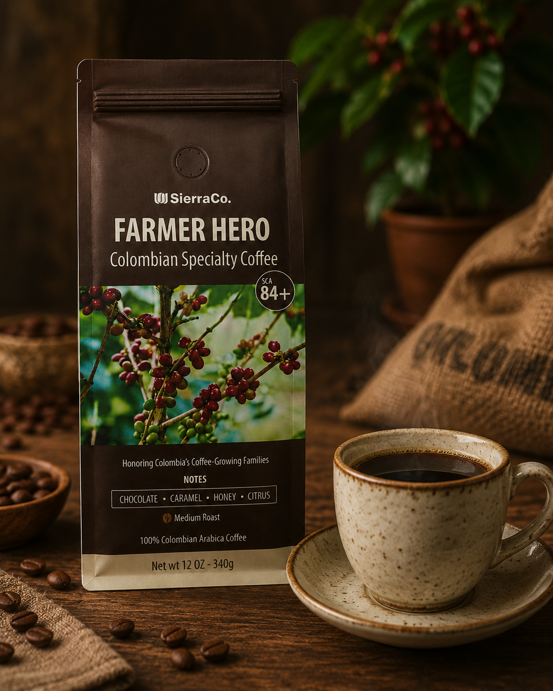 Bolsa Farmer Hero con taza de café recién servido